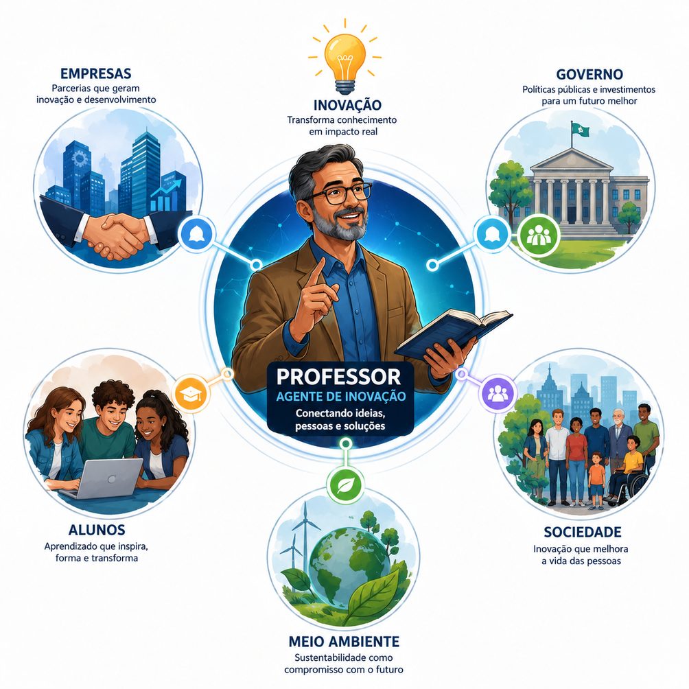 Infográfico: Professor como Agente de Inovação, conectando Empresas, Governo, Alunos, Sociedade e Meio Ambiente