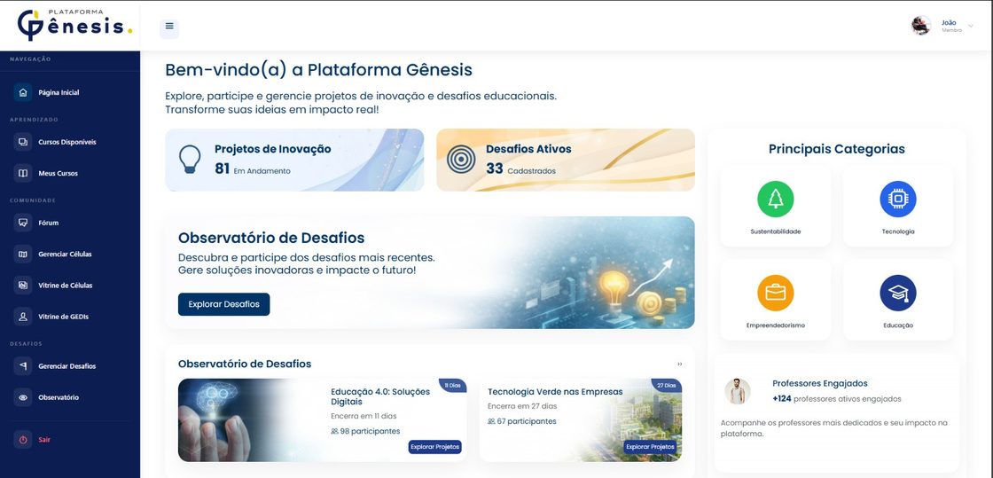 Tela inicial da Plataforma Gênesis com projetos de inovação e desafios