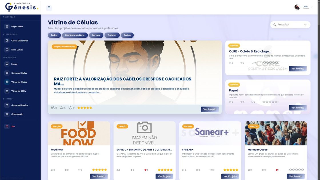 Vitrine de Células na Plataforma Gênesis com projetos de alunos